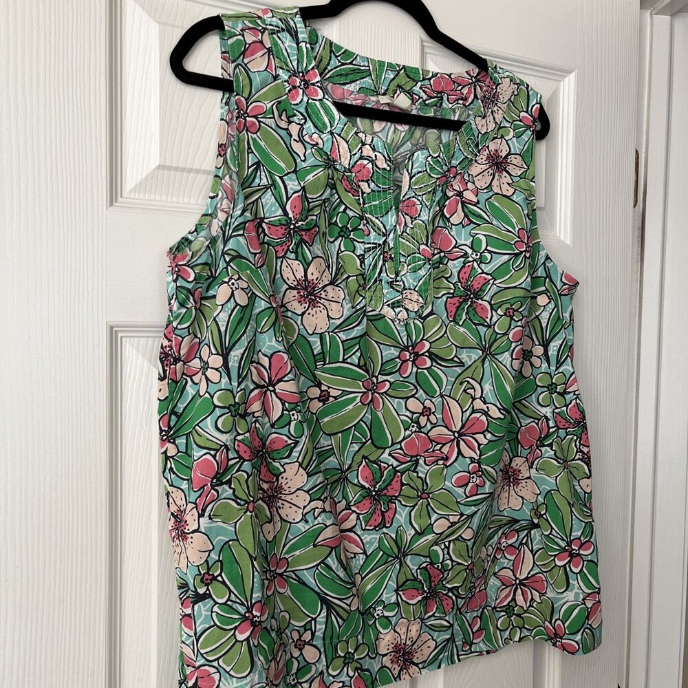 Talbots Blouse Womens Large Colorful Vibrant Flroal Artsy Pleated V Neck